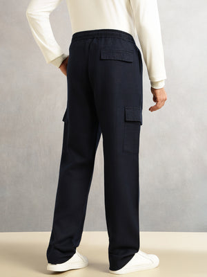 Thomas Scott Men Navy Regular Fit Mid-Rise Linen Cargo Trouser with Drawstring Closure , 5 Pocket Design