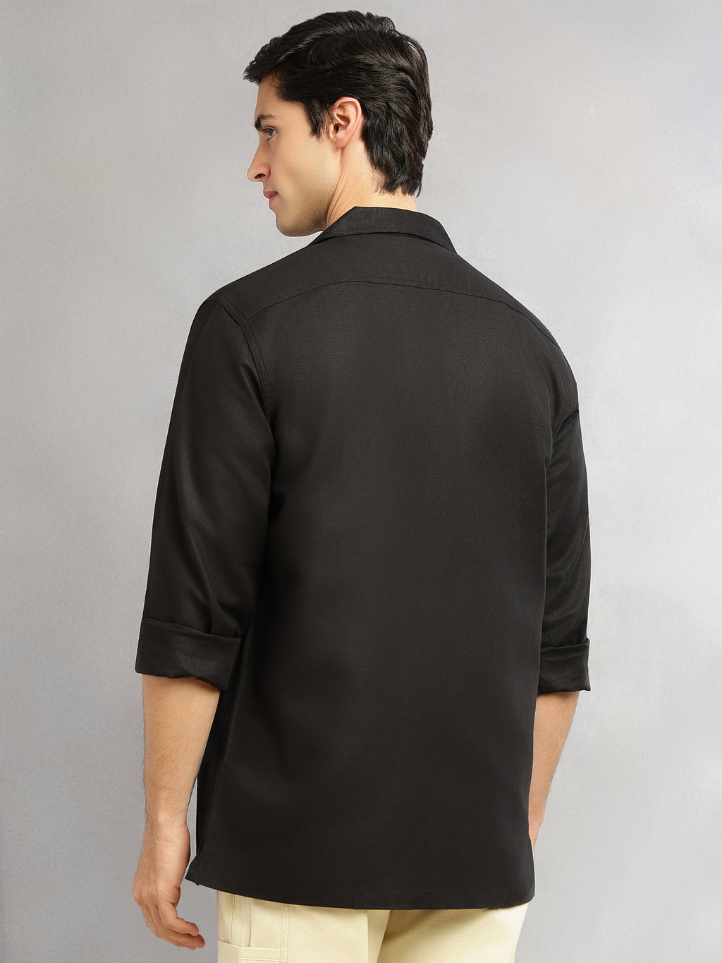 Thomas Scott Men Black Cricket Club Collection Oversized Fit Long Sleeves Camp Collar Cotton Linen Twill Shacket with 2 Flap Pockets
