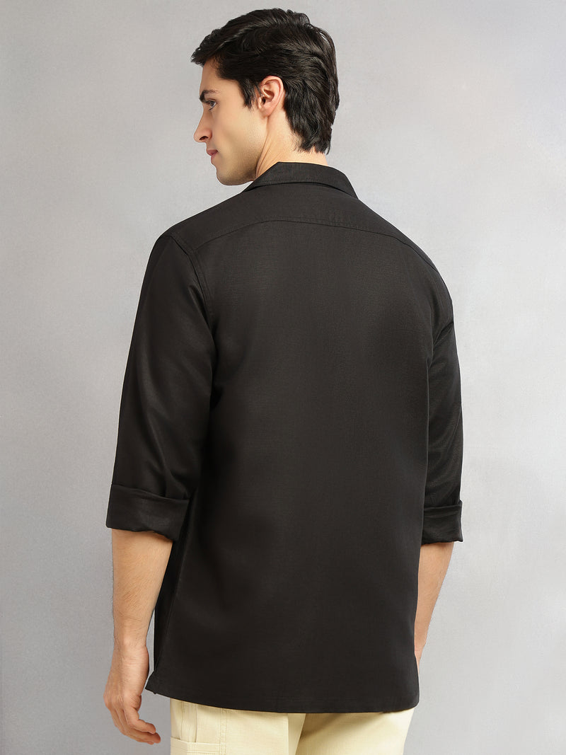 Thomas Scott Men Black Cricket Club Collection Oversized Fit Long Sleeves Camp Collar Cotton Linen Twill Shacket with 2 Flap Pockets