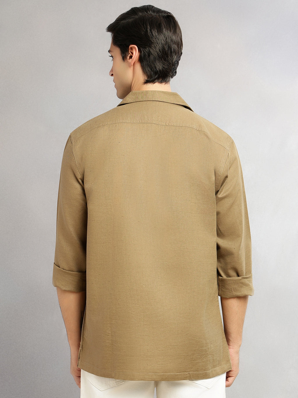 Thomas Scott Men Khaki Cricket Club Collection Oversized Fit Long Sleeves Camp Collar Cotton Linen Twill Shacket with 2 Flap Pockets