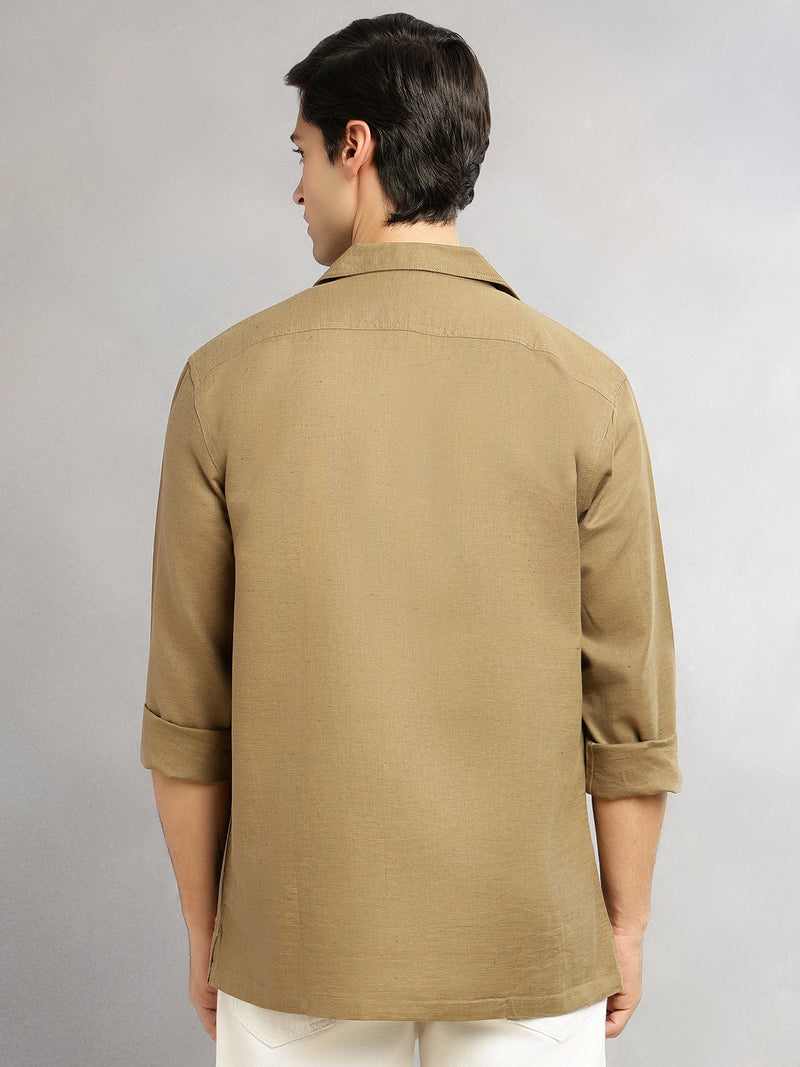 Thomas Scott Men Khaki Cricket Club Collection Oversized Fit Long Sleeves Camp Collar Cotton Linen Twill Shacket with 2 Flap Pockets