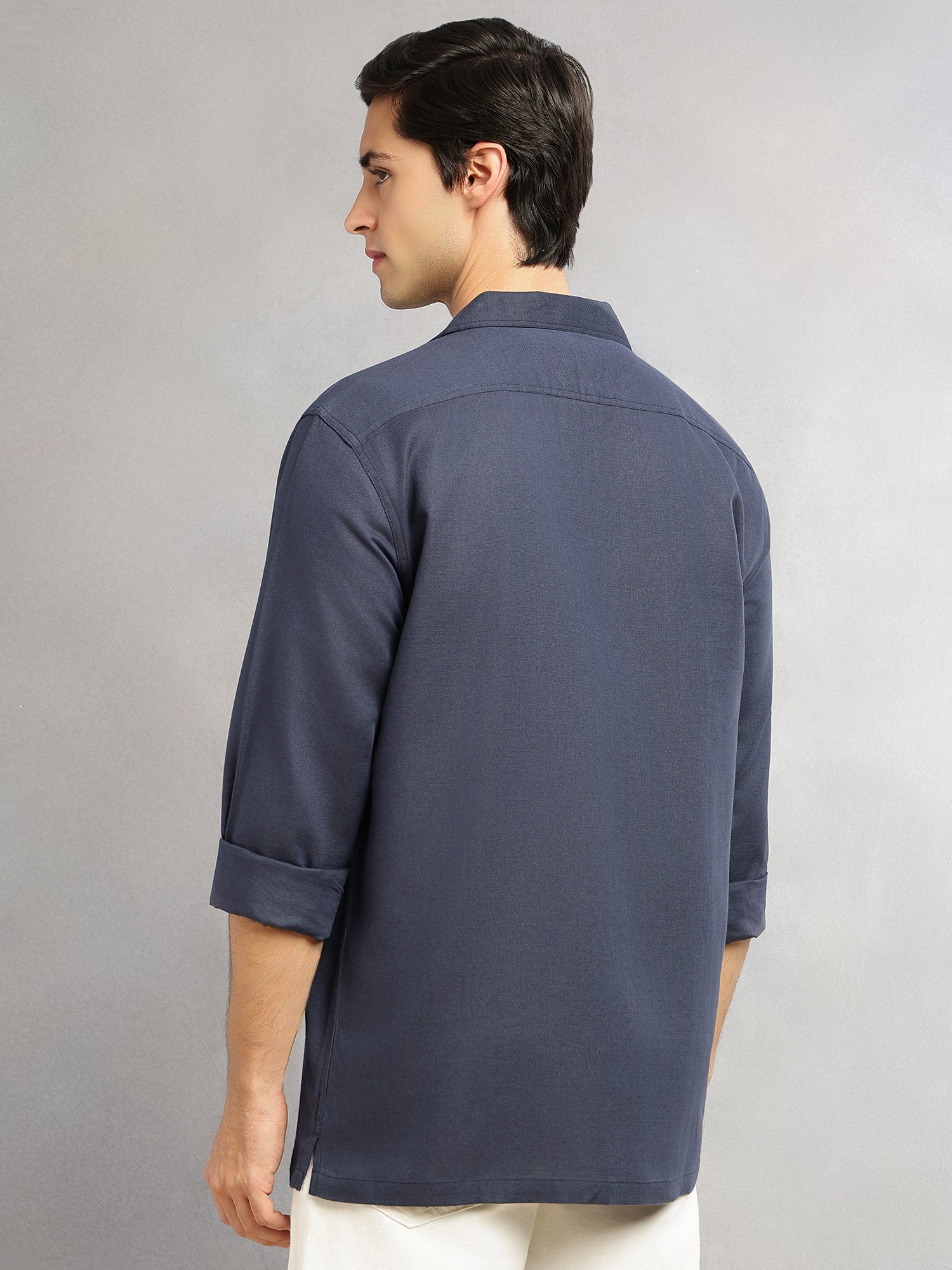 Thomas Scott Men Navy Cricket Club Collection Oversized Fit Long Sleeves Camp Collar Cotton Linen Twill Shacket with 2 Flap Pockets