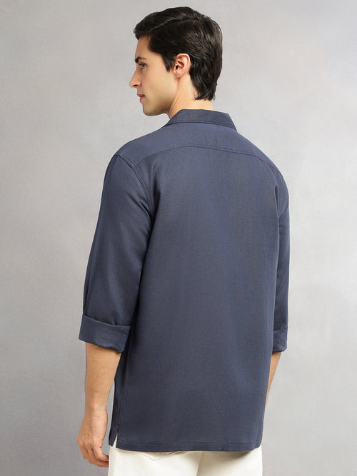 Thomas Scott Men Navy Cricket Club Collection Oversized Fit Long Sleeves Camp Collar Cotton Linen Twill Shacket with 2 Flap Pockets