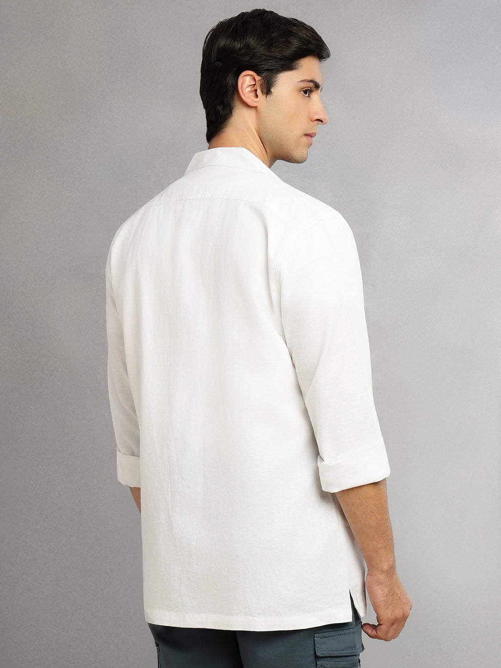 Thomas Scott Men White Cricket Club Collection Oversized Fit Long Sleeves Camp Collar Cotton Linen Twill Shacket with 2 Flap Pockets