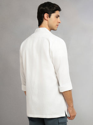 Thomas Scott Men White Cricket Club Collection Oversized Fit Long Sleeves Camp Collar Cotton Linen Twill Shacket with 2 Flap Pockets