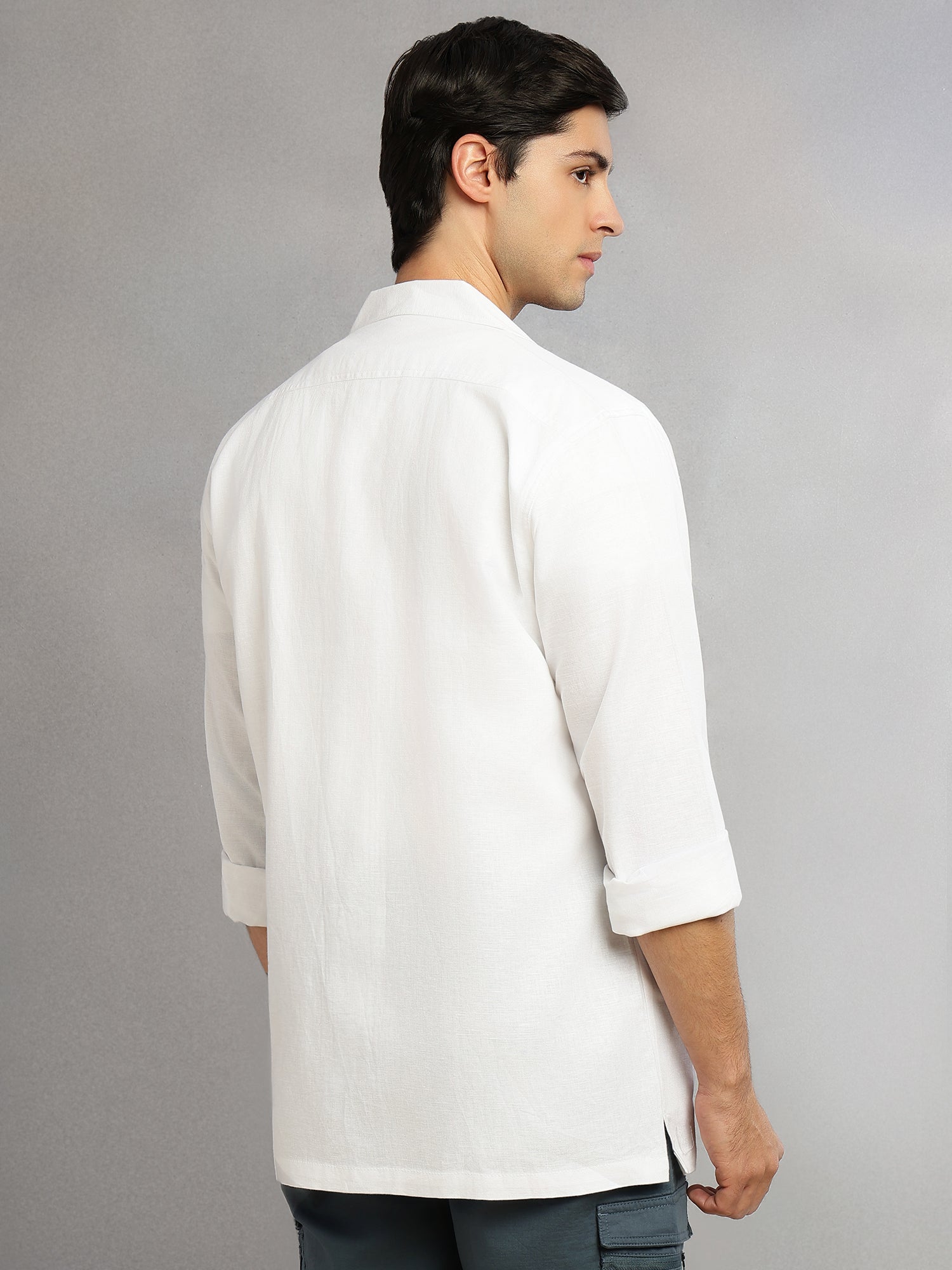Thomas Scott Men White Cricket Club Collection Oversized Fit Long Sleeves Camp Collar Cotton Linen Twill Shacket with 2 Flap Pockets