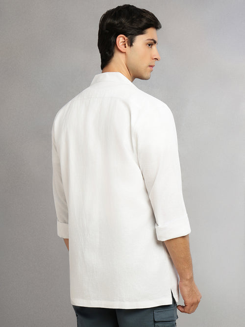 Thomas Scott Men White Cricket Club Collection Oversized Fit Long Sleeves Camp Collar Cotton Linen Twill Shacket with 2 Flap Pockets