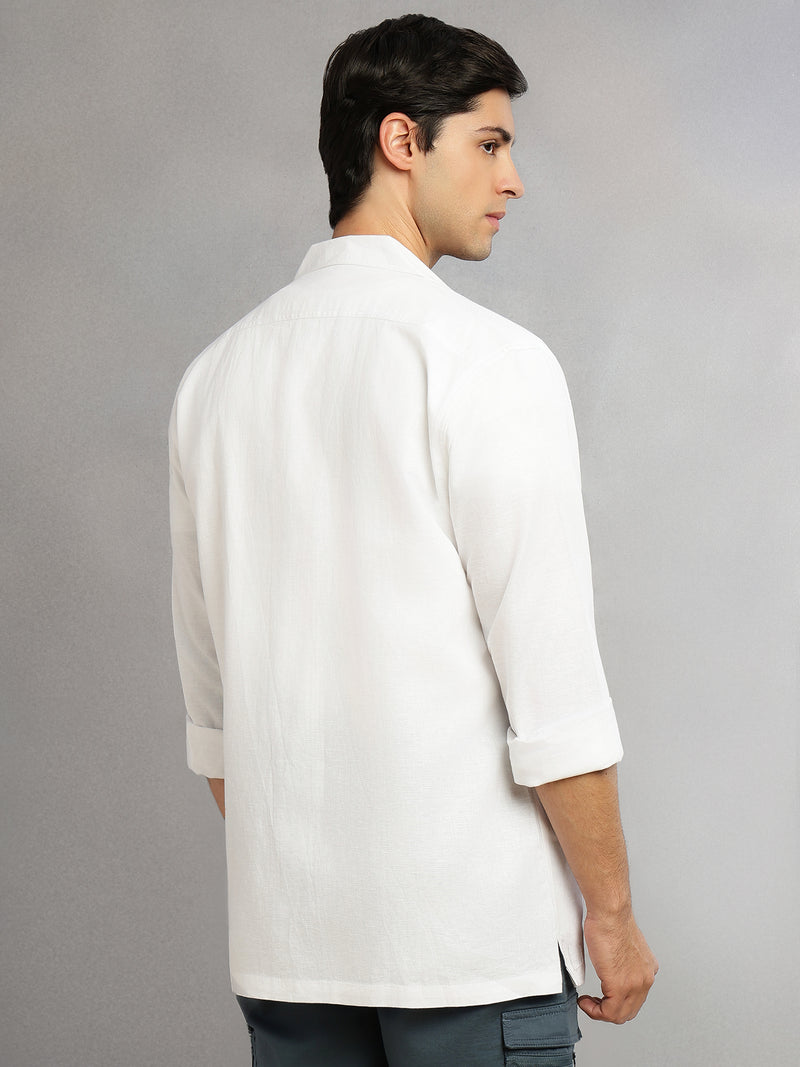 Thomas Scott Men White Cricket Club Collection Oversized Fit Long Sleeves Camp Collar Cotton Linen Twill Shacket with 2 Flap Pockets