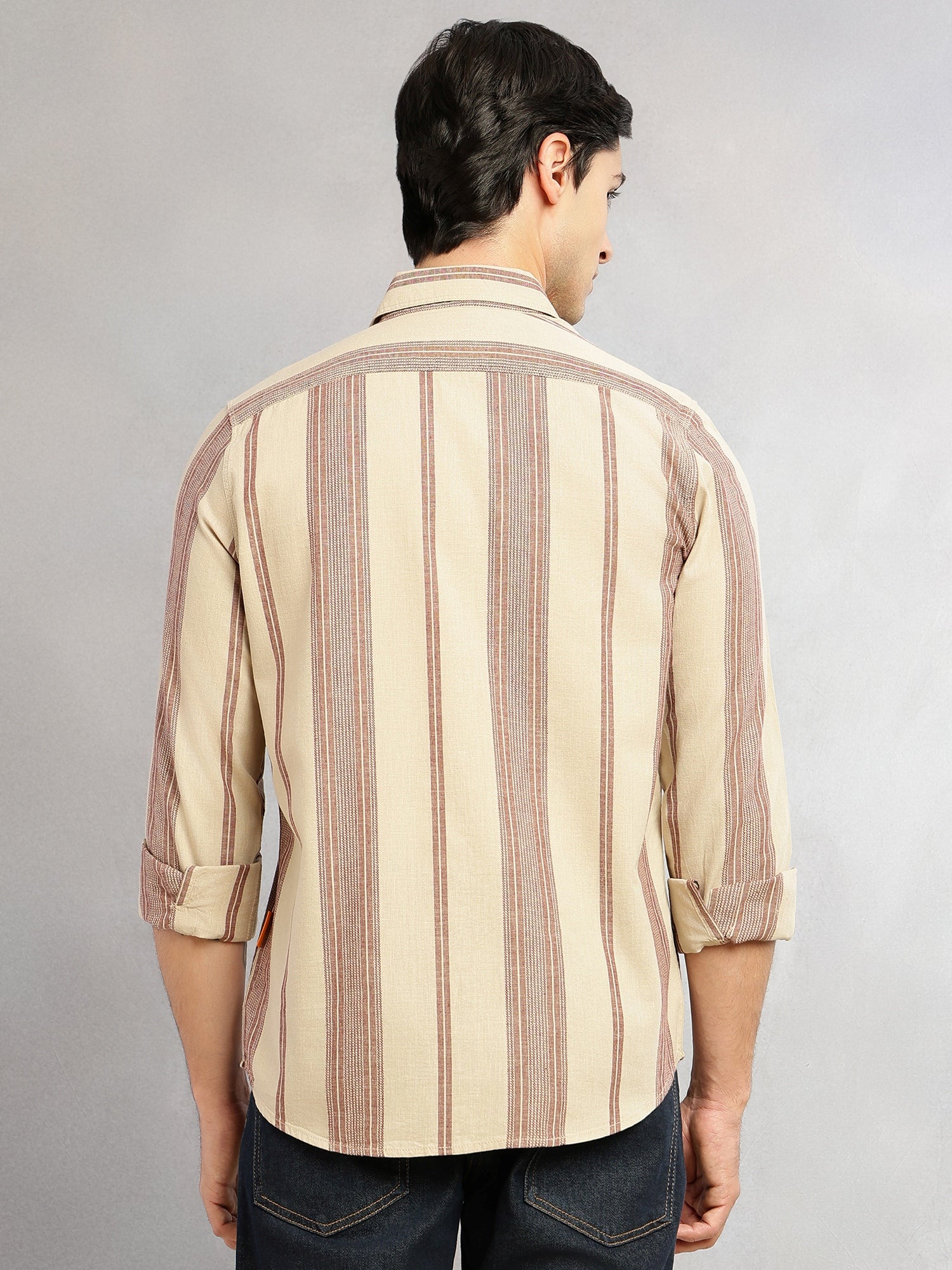 Thomas Scott Men Beige Cricket Club Collection Men Striped Cotton Linen Shirt-Slim Fit, Long Sleeve, Spread Collar Casual Wear