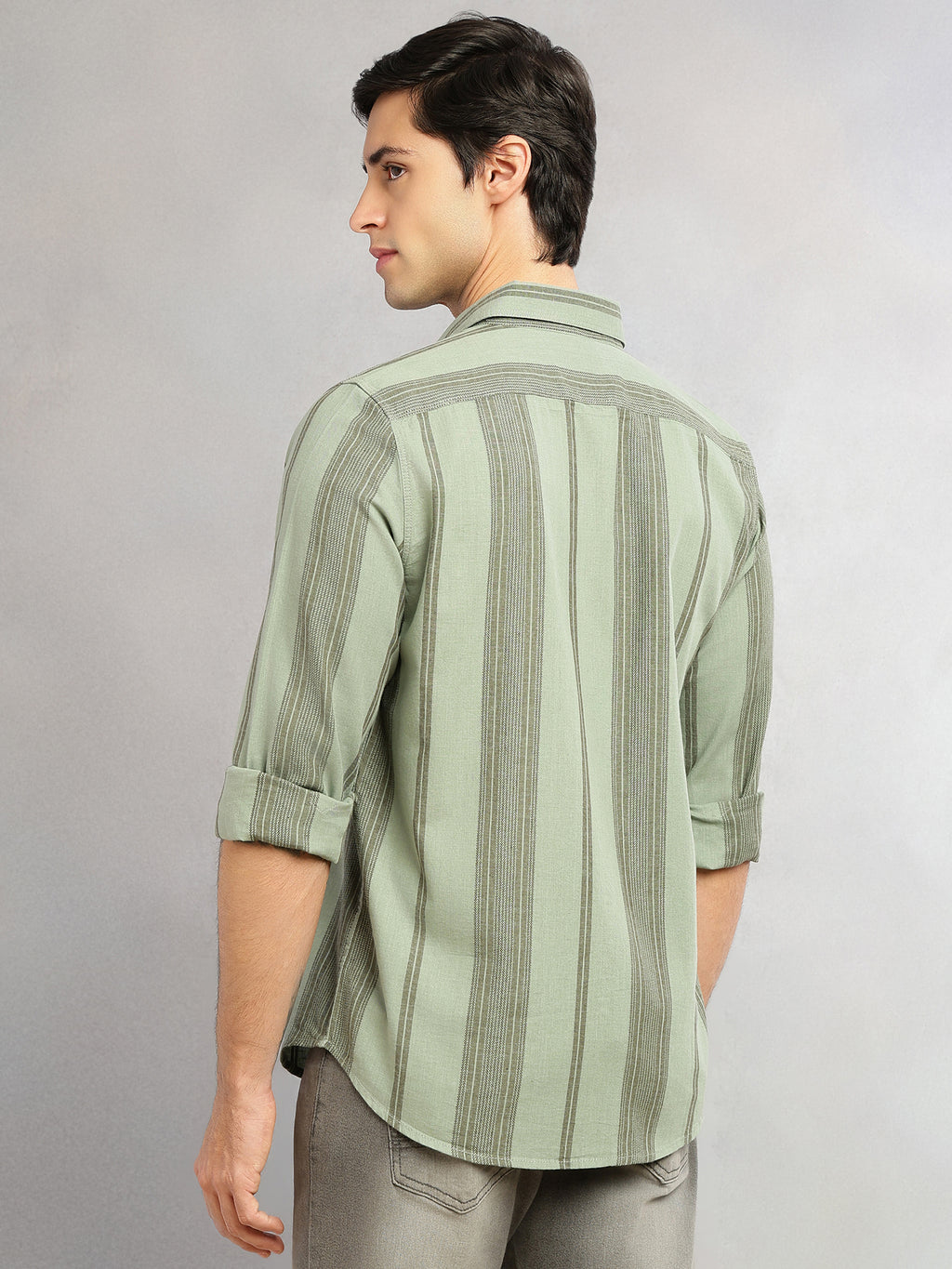 Thomas Scott Men Green Cricket Club Collection Men Striped Cotton Linen Shirt-Slim Fit, Long Sleeve, Spread Collar Casual Wear