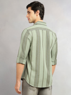 Thomas Scott Men Green Cricket Club Collection Men Striped Cotton Linen Shirt-Slim Fit, Long Sleeve, Spread Collar Casual Wear
