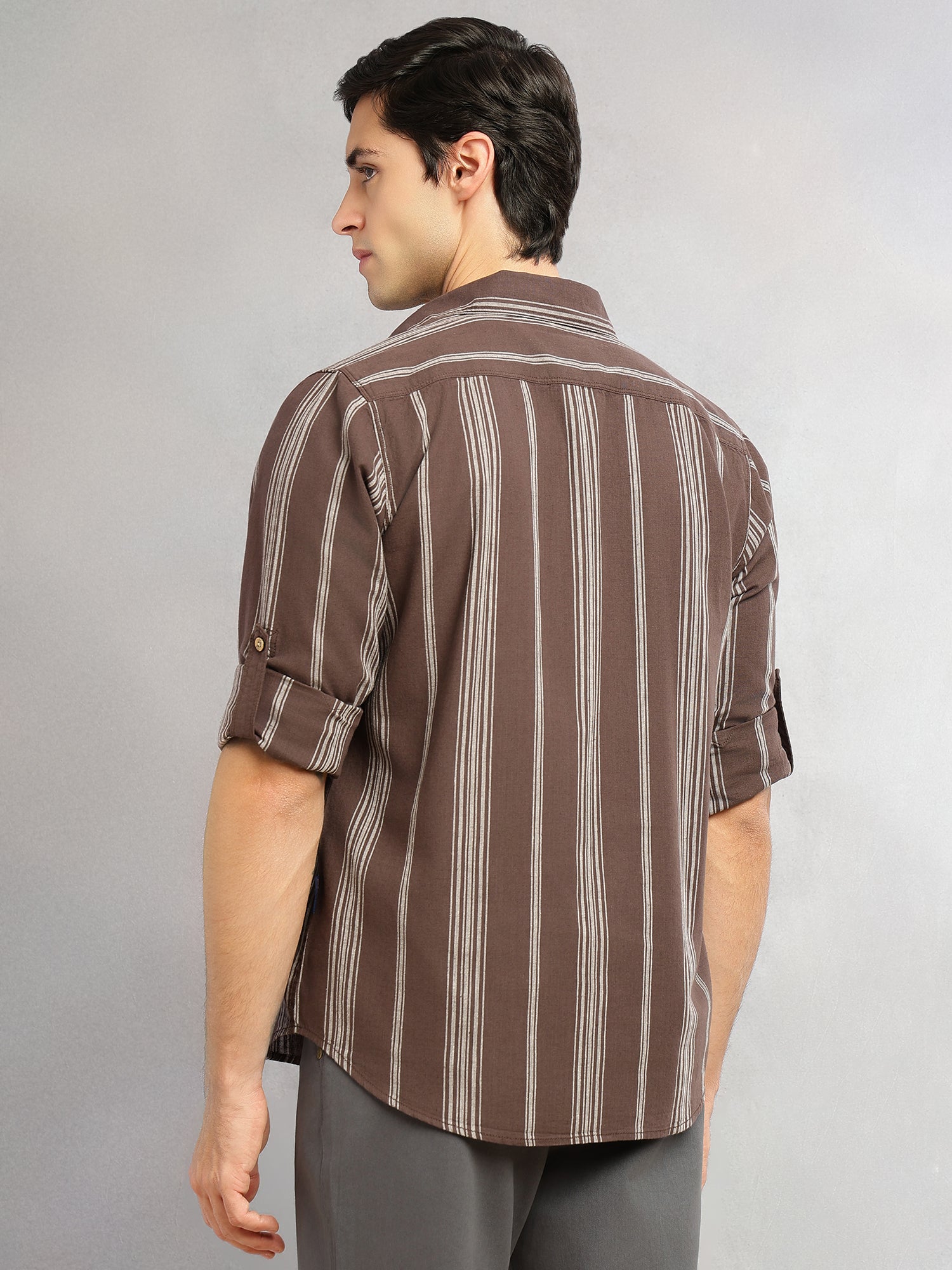 Thomas Scott Men Brown Cricket Club Collection Slim Fit Cotton Linen Classic Striped Casual Wear Shirt for Men