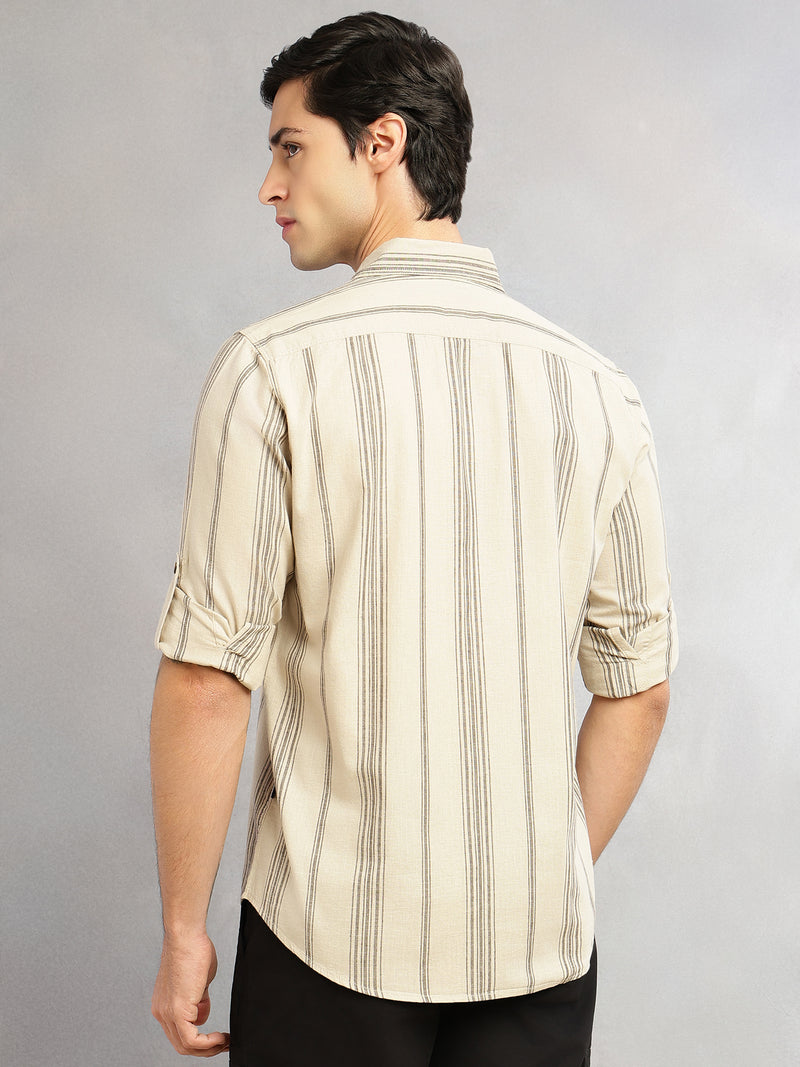 Thomas Scott Men Peach Cricket Club Collection Slim Fit Cotton Linen Classic Striped Casual Wear Shirt for Men