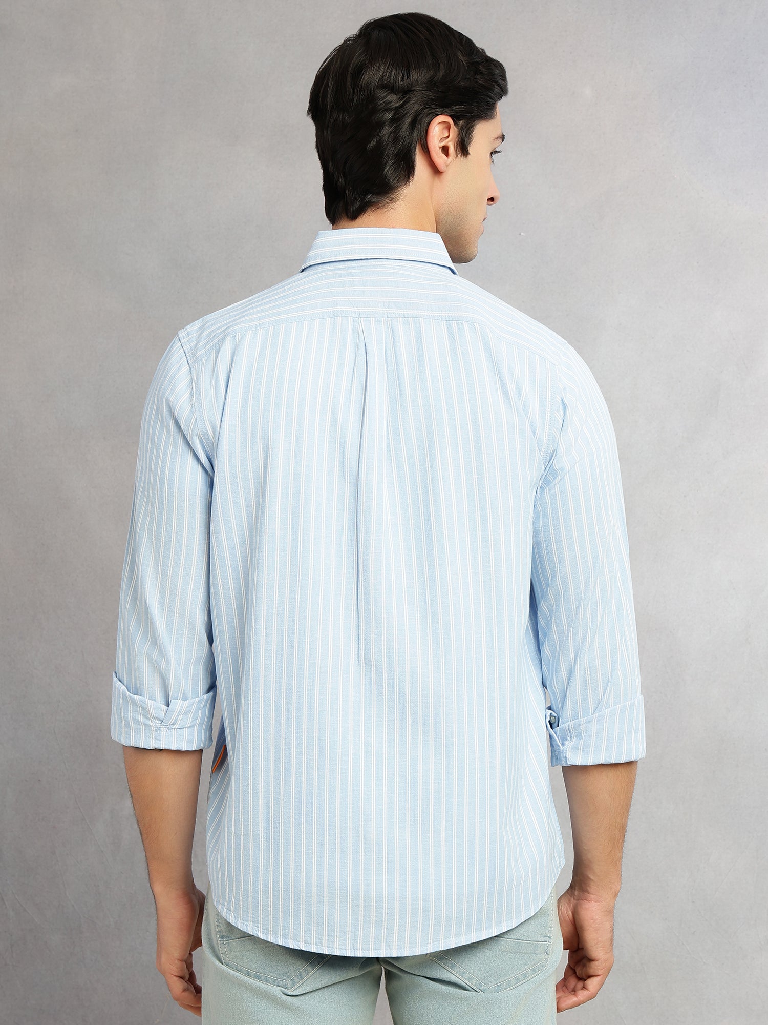 Thomas Scott Men Blue Cricket Club Collection Slim Fit 100% Cotton Oxford Shirt with Vertical Stripes & Spread Collar