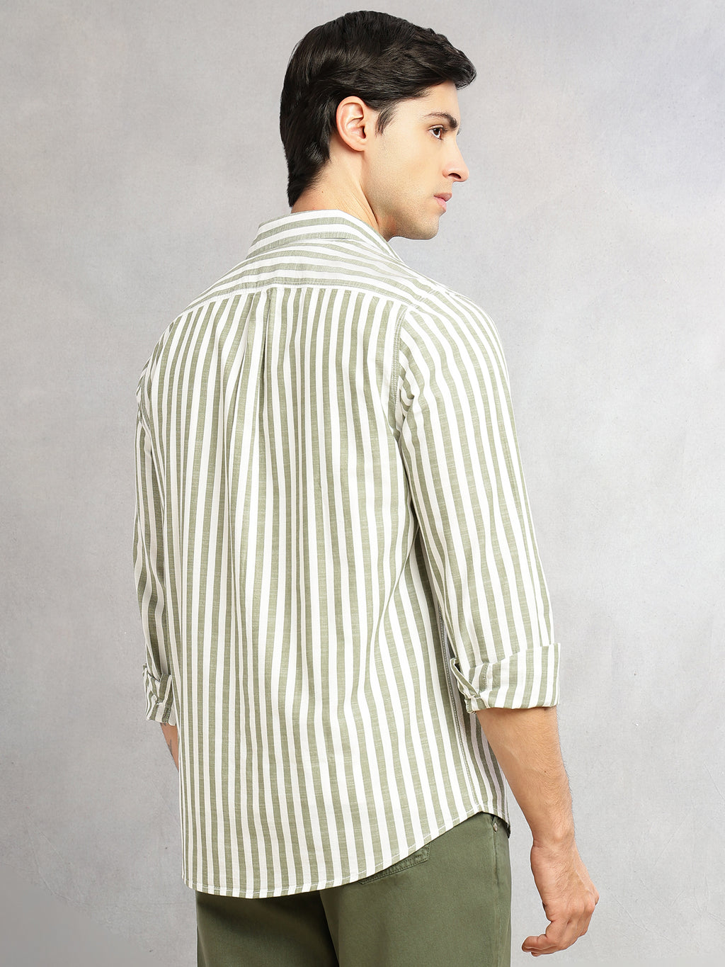 Thomas Scott Men Green Cricket Club Collection Slim Fit 100% Cotton Oxford Shirt with Vertical Stripes & Spread Collar