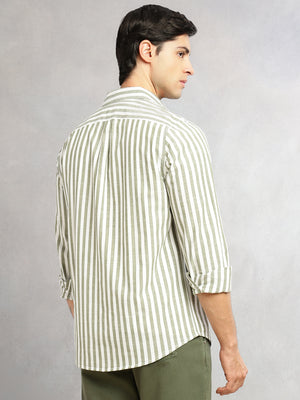 Thomas Scott Men Green Cricket Club Collection Slim Fit 100% Cotton Oxford Shirt with Vertical Stripes & Spread Collar