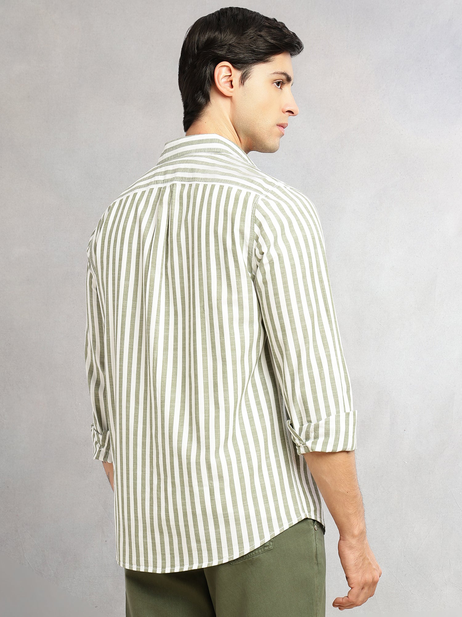 Thomas Scott Men Green Cricket Club Collection Slim Fit 100% Cotton Oxford Shirt with Vertical Stripes & Spread Collar