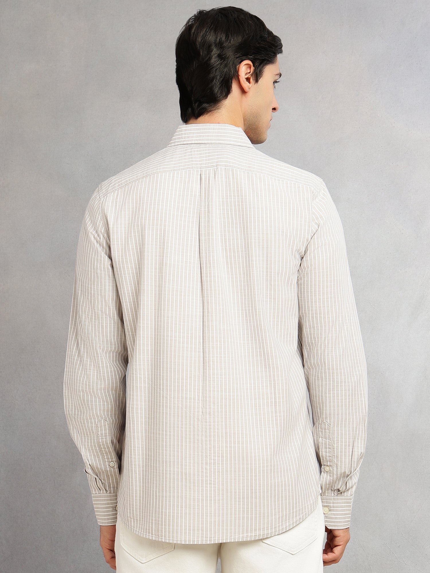 Thomas Scott Men Grey Cricket Club Collection Slim Fit 100% Cotton Oxford Shirt with Vertical Stripes & Spread Collar