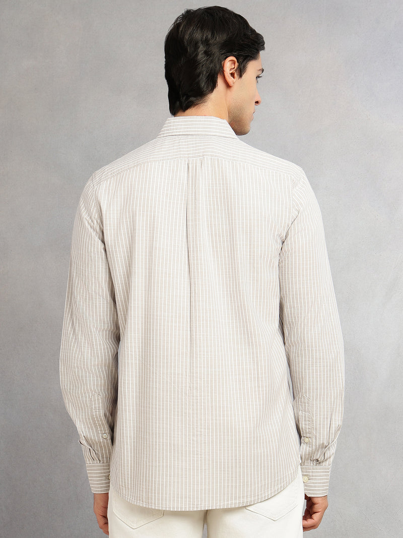 Thomas Scott Men Grey Cricket Club Collection Slim Fit 100% Cotton Oxford Shirt with Vertical Stripes & Spread Collar