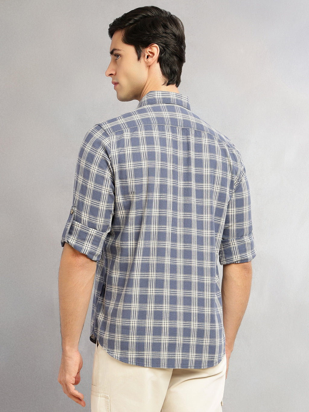 Thomas Scott Men Blue Slim Fit Tartan Checks Cotton Linen Casual Shirt-Cricket Club Collection, Roll-Up Sleeves & Spread Collar