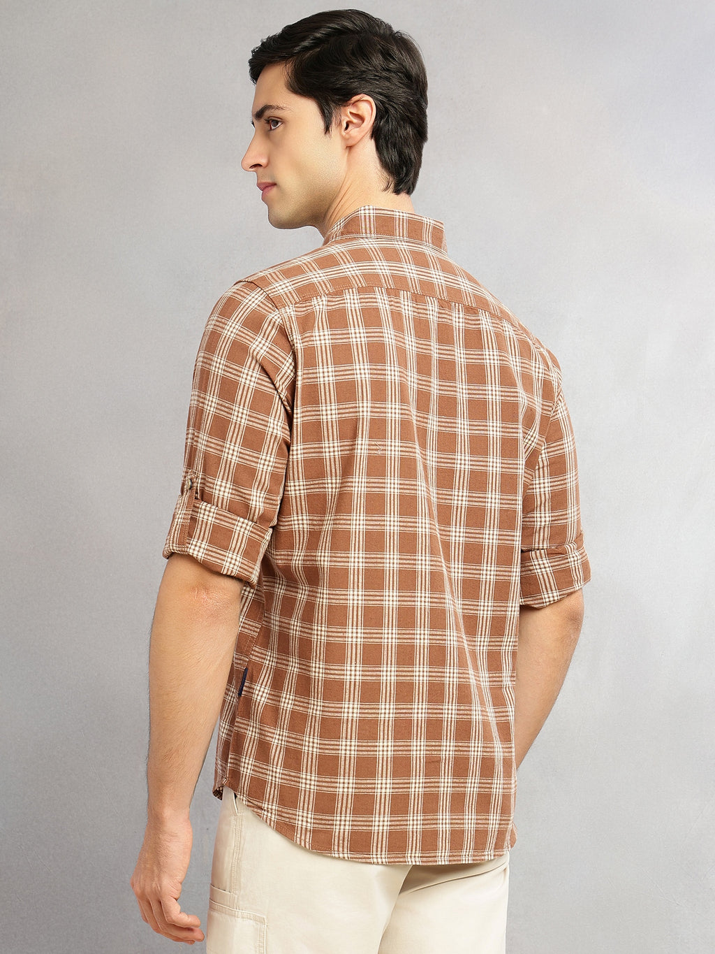 Thomas Scott Men Brown Slim Fit Tartan Checks Cotton Linen Casual Shirt-Cricket Club Collection, Roll-Up Sleeves & Spread Collar