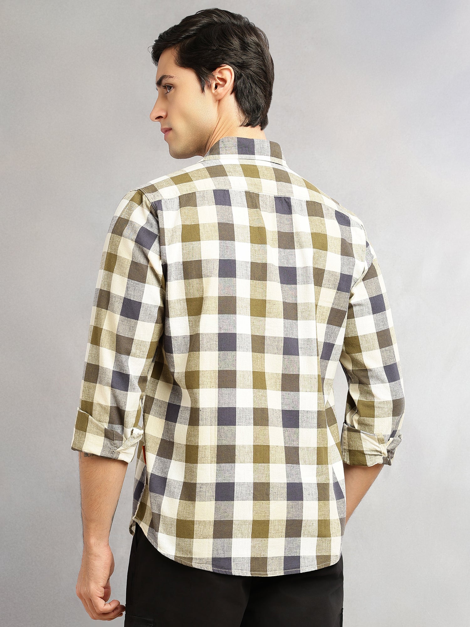 Thomas Scott Men Beige Cricket Club Collection Slim Fit Long Sleeves Shepherd Check Spread Collar Cotton Linen Casual Shirt