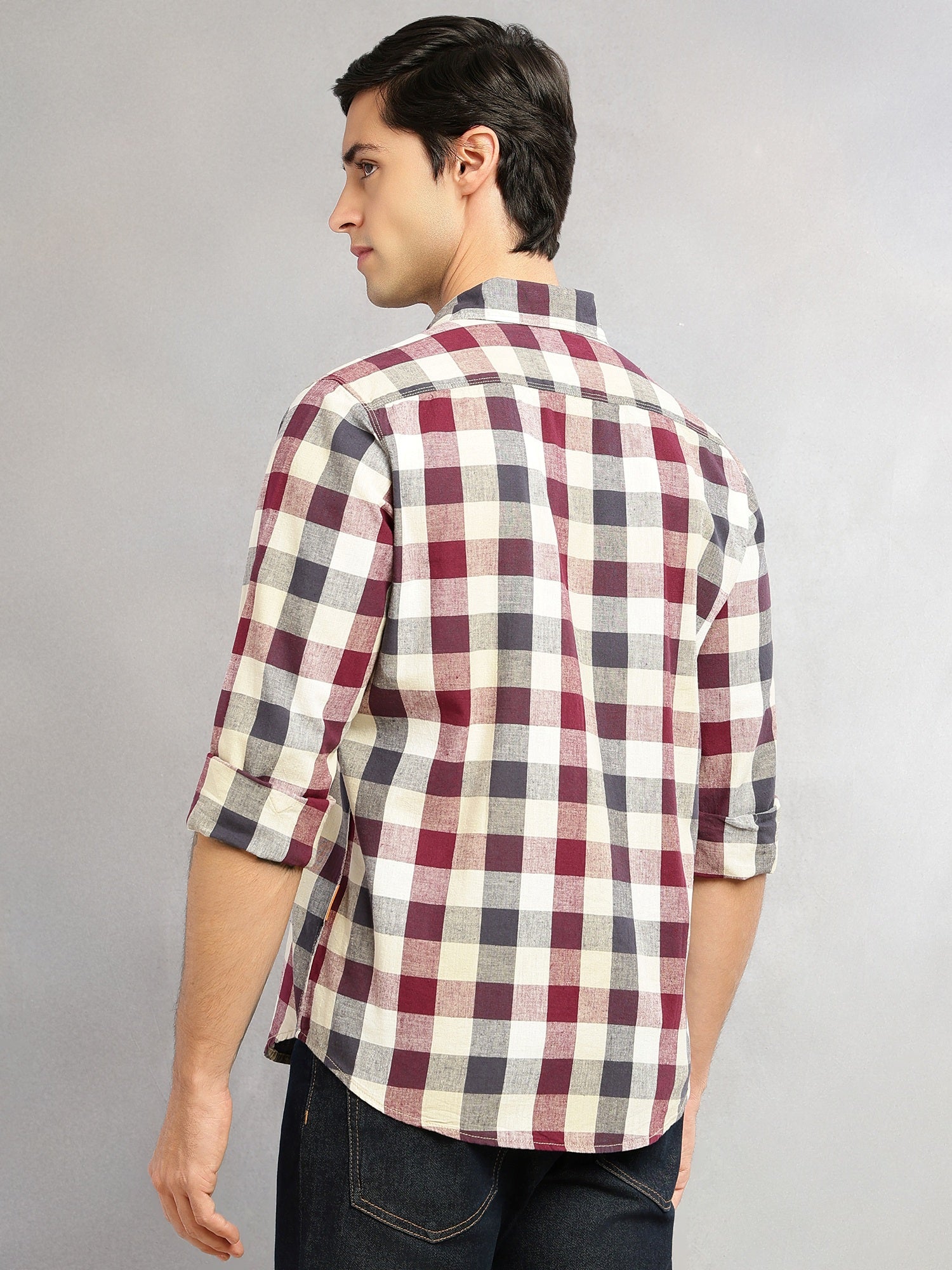 Thomas Scott Men Wine Cricket Club Collection Slim Fit Long Sleeves Shepherd Check Spread Collar Cotton Linen Casual Shirt