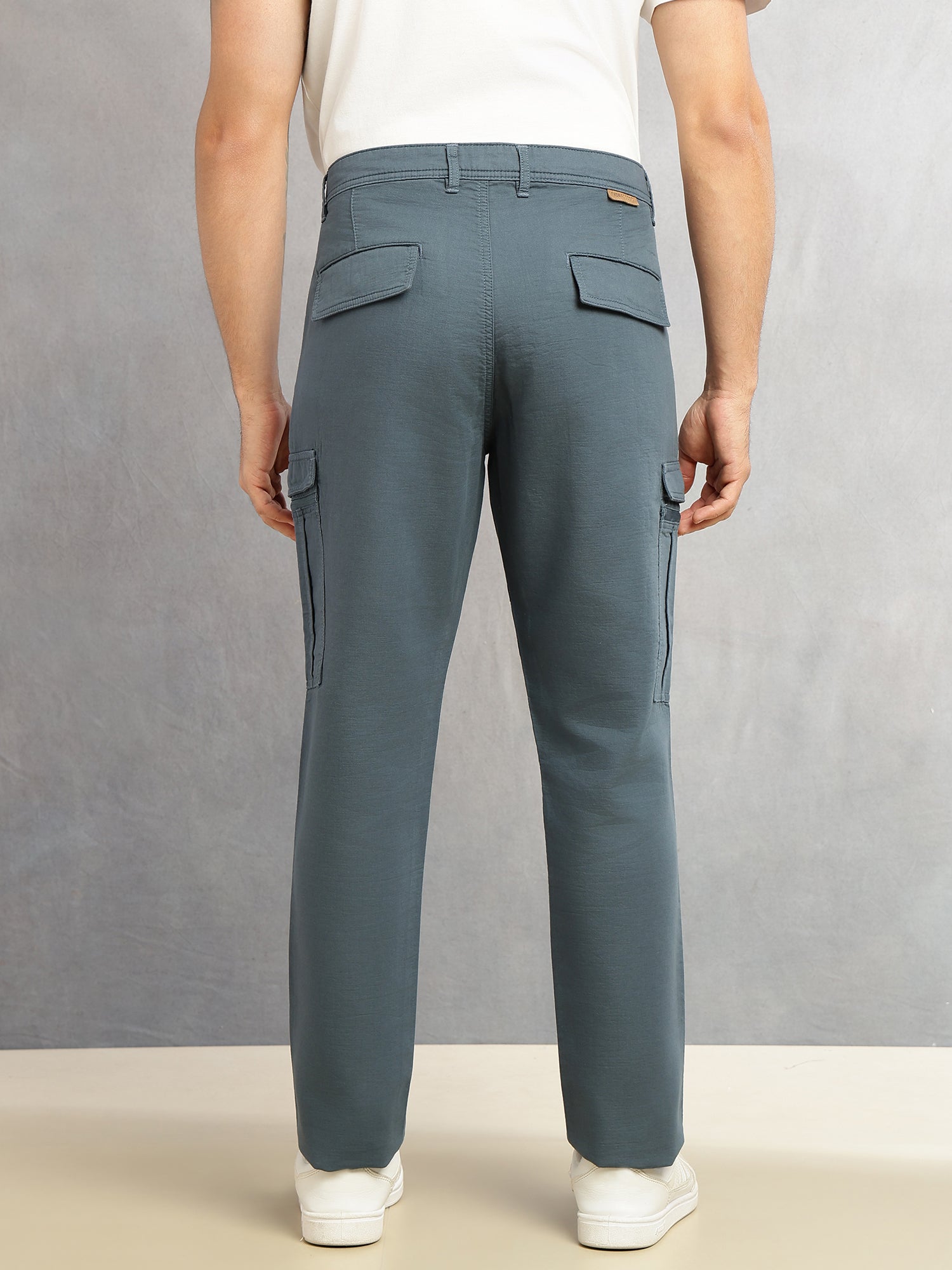 Thomas Scott Men Mid Blue Regular Fit Mid-Rise Solid Woven Utility Cargo Trouser