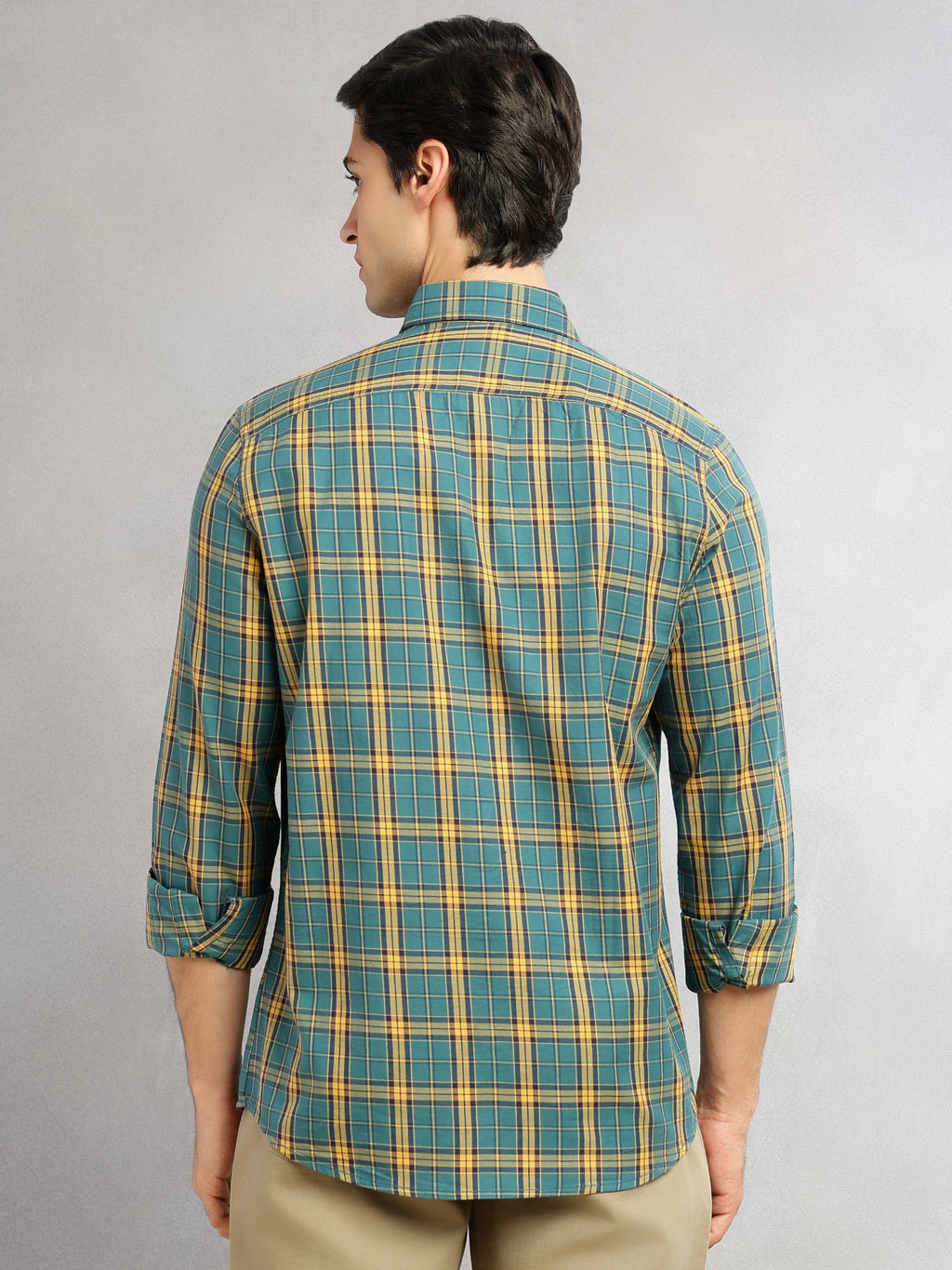 Thomas Scott Men Teal Slim Fit Tartan Checks Long Sleeves Spread Collar 100% Cotton Twill Casual Shirt