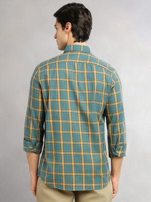 Thomas Scott Men Teal Slim Fit Tartan Checks Long Sleeves Spread Collar 100% Cotton Twill Casual Shirt