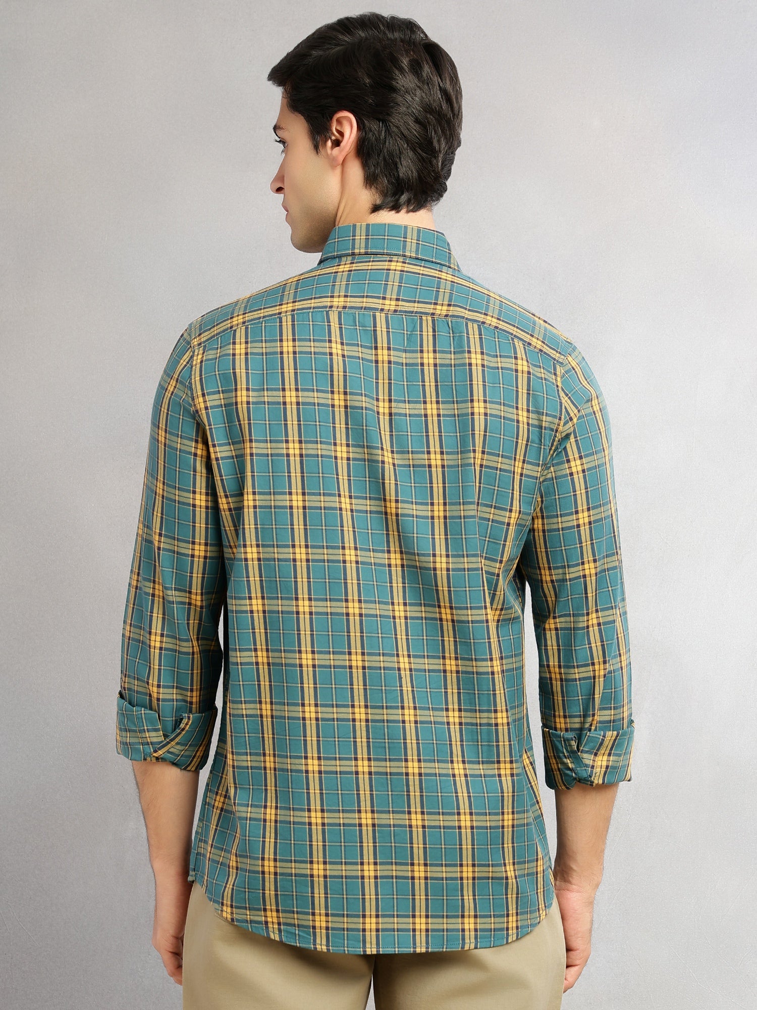 Thomas Scott Men Teal Slim Fit Tartan Checks Long Sleeves Spread Collar 100% Cotton Twill Casual Shirt