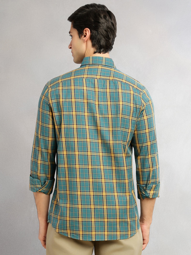 Thomas Scott Men Teal Slim Fit Tartan Checks Long Sleeves Spread Collar 100% Cotton Twill Casual Shirt