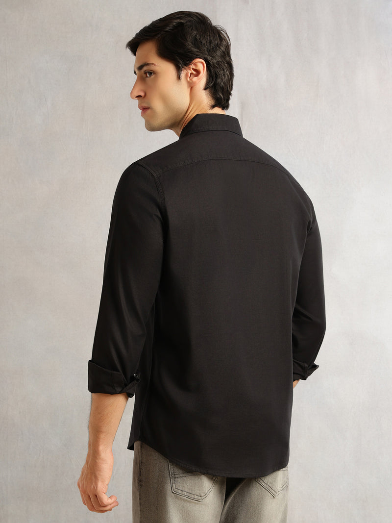 Thomas Scott Men Black Slim Fit Long Sleeves Solid Spread Collar 100% Cotton Twill Casual Shirt