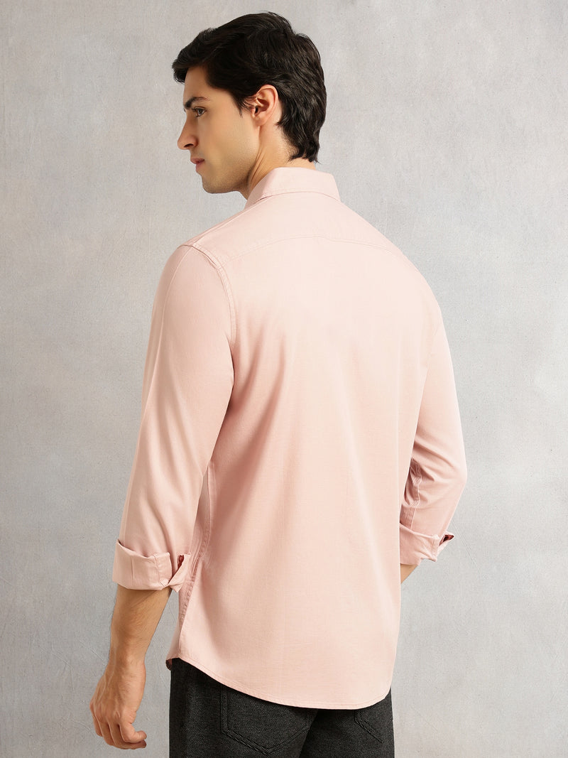 Thomas Scott Men Pink Slim Fit Long Sleeves Solid Spread Collar 100% Cotton Twill Casual Shirt