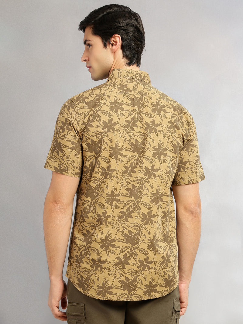 Thomas Scott Men Khaki Slim Fit Short Sleeves Floral Printed Two Flap Chest Pockets Pure Cotton Casual Shirt for Men