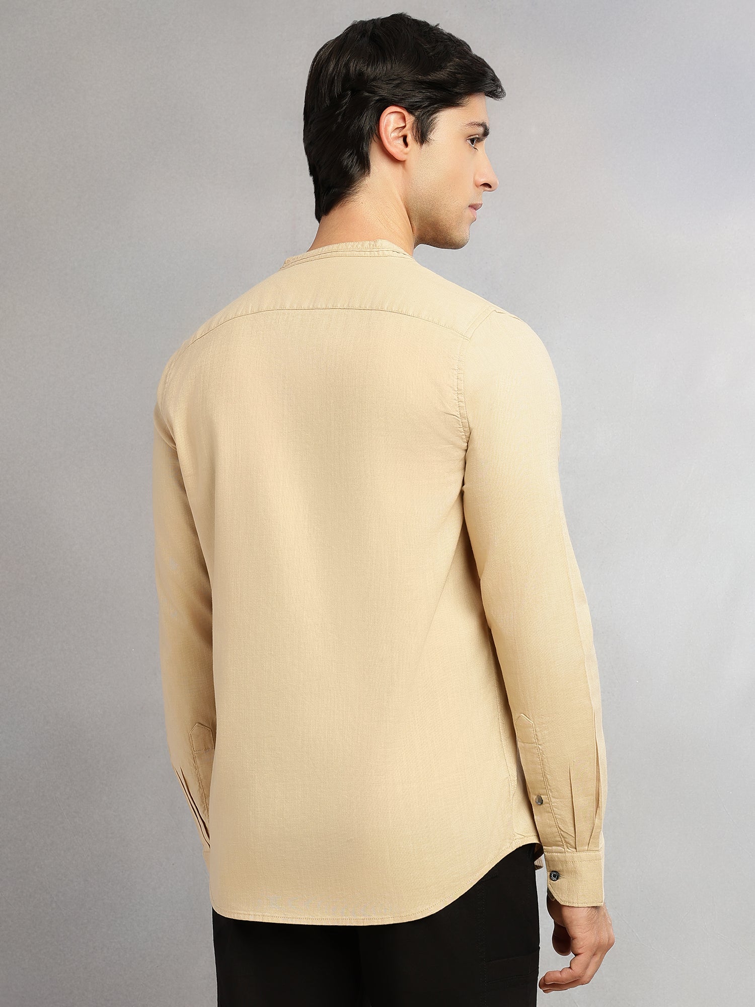 Thomas Scott Men Khaki Slim Fit Long Sleeves Solid Mandarin Collar Cotton Linen Casual Shirt