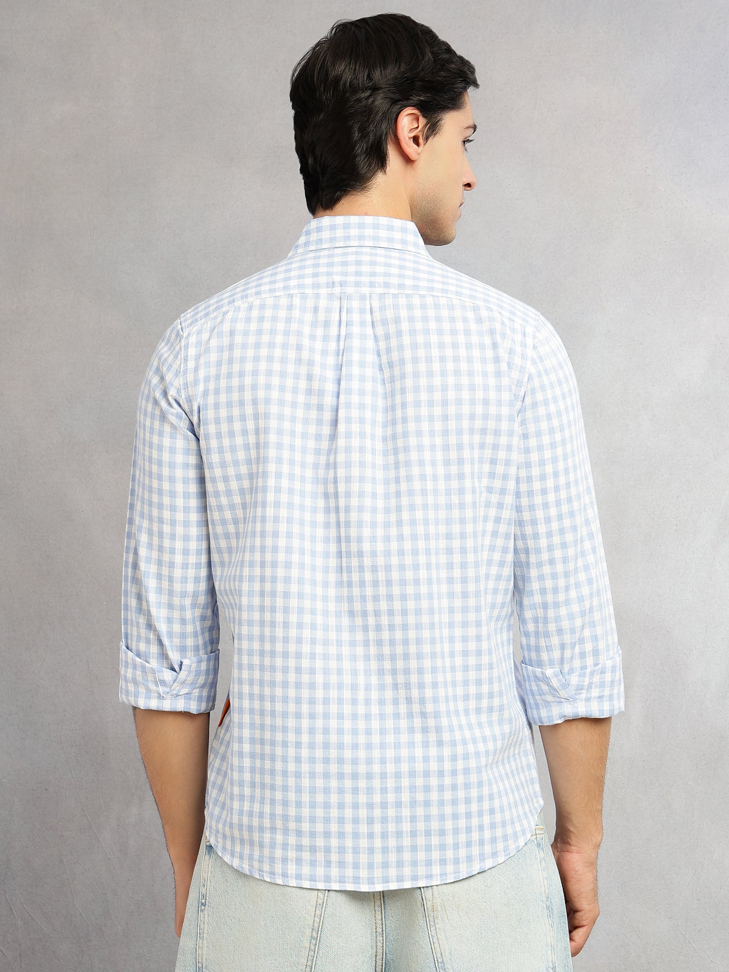 Thomas Scott Men Blue Cricket Club Collection Slim Fit 100% Cotton Oxford Shirt with Gingham Checks & Spread Collar