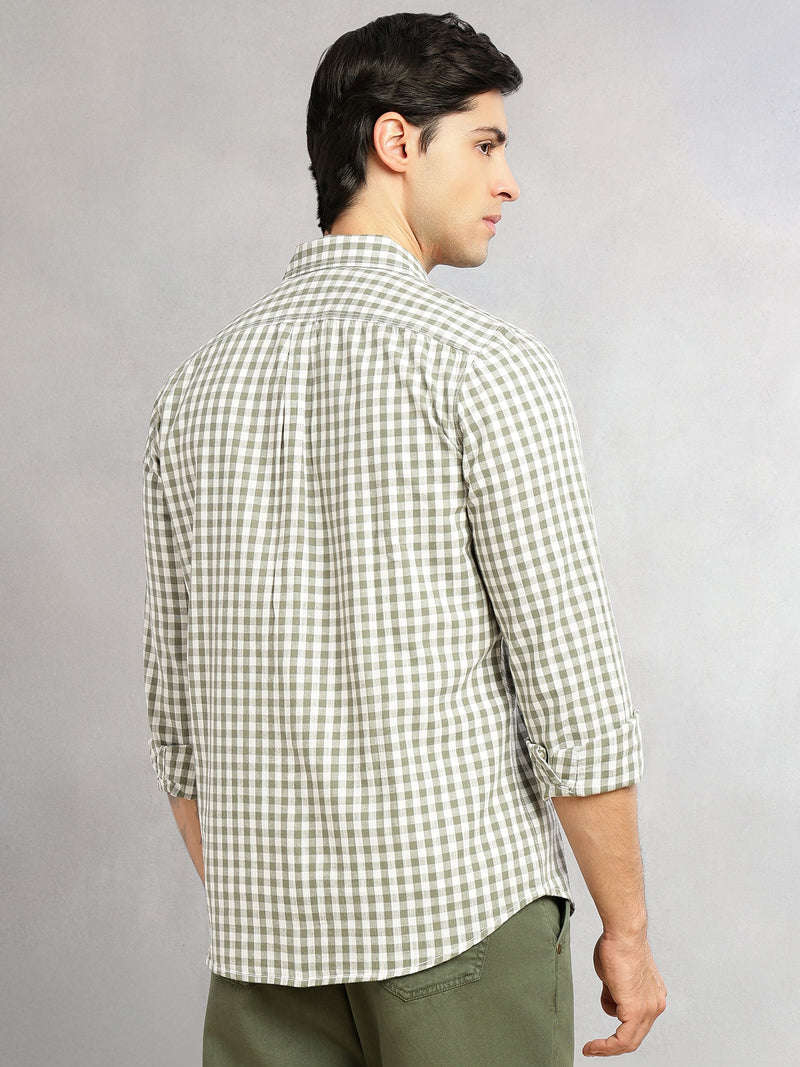 Thomas Scott Men Green Cricket Club Collection Slim Fit 100% Cotton Oxford Shirt with Gingham Checks & Spread Collar