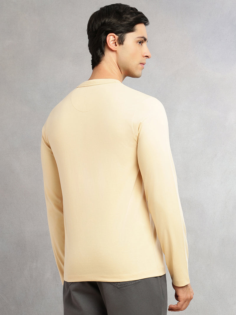 Thomas Scott Men Beige Cricket Club Collection Regular Fit Round Neck Long Sleeves Polycotton Solid Knitted T-shirt