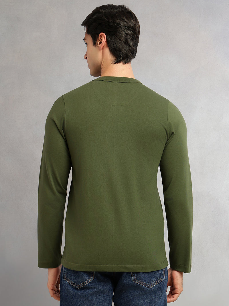 Thomas Scott Men Green Cricket Club Collection Regular Fit Round Neck Long Sleeves Polycotton Solid Knitted T-shirt