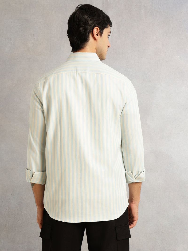 Thomas Scott Men Light Blue Cricket Club Collection Slim Fit Vertical Stripe Cotton Casual Shirt-Button Down Collar, Full Sleeves