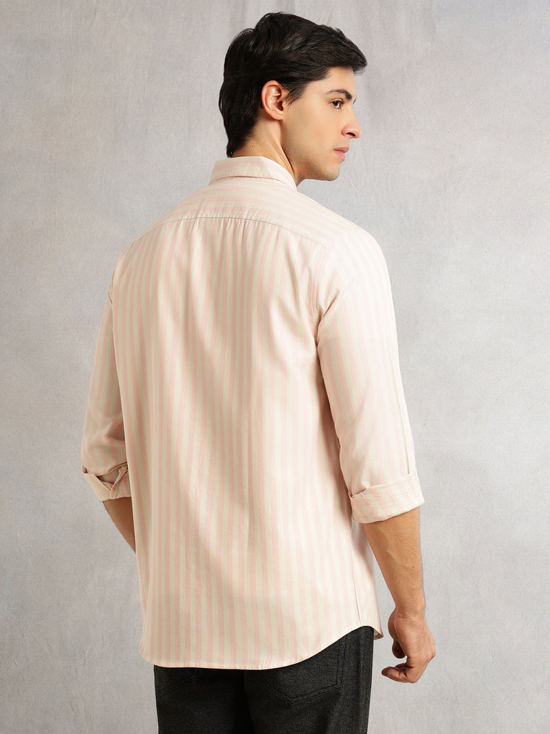 Thomas Scott Men Pink Cricket Club Collection Slim Fit Vertical Stripe Cotton Casual Shirt-Button Down Collar, Full Sleeves