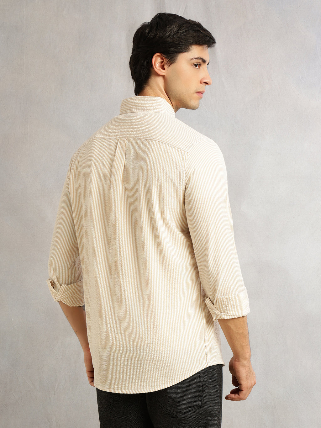 Thomas Scott Men Beige Cricket Club Collection Slim Fit Long Sleeves Button Down Collar SeerSucker Shirt