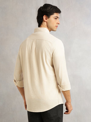 Thomas Scott Men Beige Cricket Club Collection Slim Fit Long Sleeves Button Down Collar SeerSucker Shirt