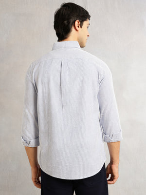 Thomas Scott Men Navy Cricket Club Collection Slim Fit Long Sleeves Button Down Collar SeerSucker Shirt