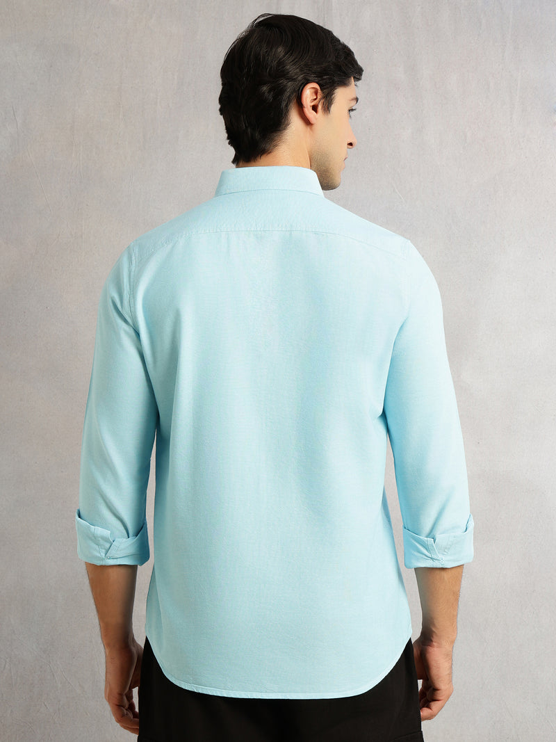 Thomas Scott Men Aqua Slim Fit Long Sleeves Button-Down Collar Solid 100% Cotton Oxford Casual Shirt