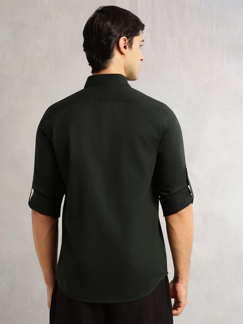 Thomas Scott Men Bottle Green1 Regular Fit Long Roll-Up Sleeves Spread Collar Solid 100% Cotton Casual Shirt