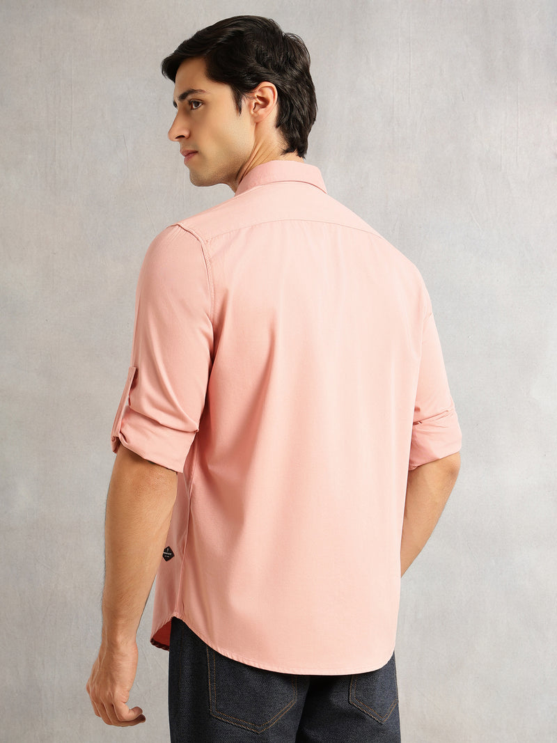 Thomas Scott Men Peach Regular Fit Long Roll-Up Sleeves Spread Collar Solid 100% Cotton Casual Shirt