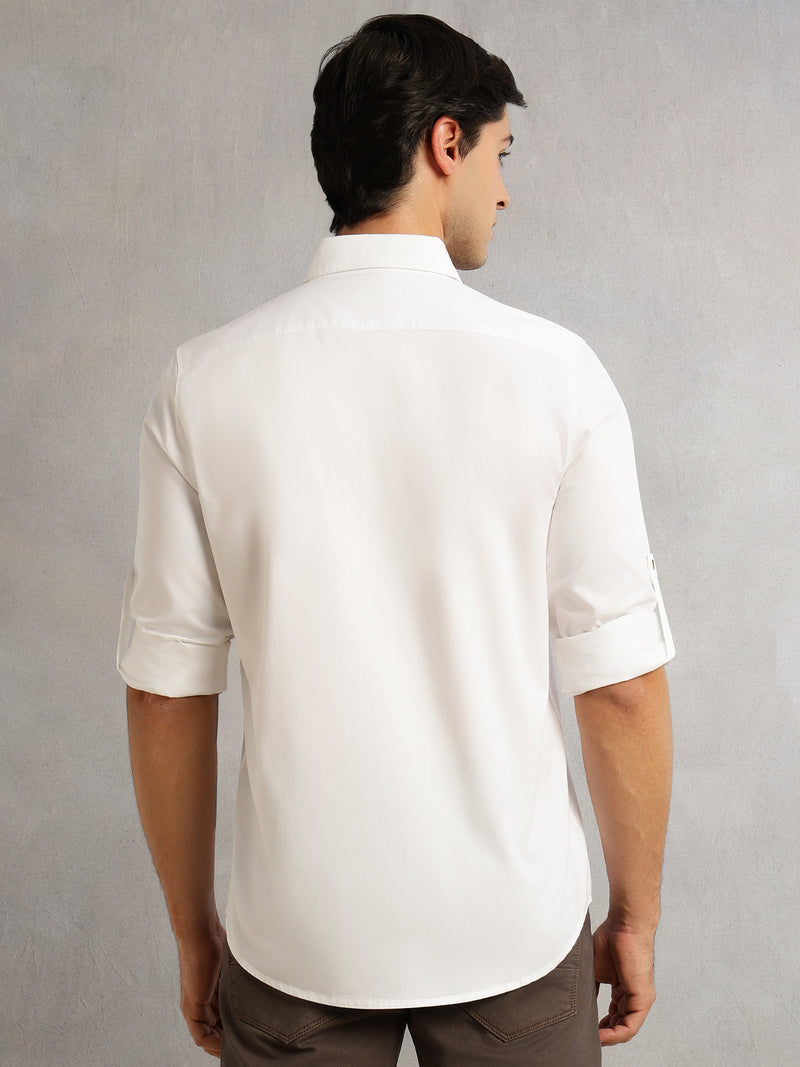 Thomas Scott Men White1 Regular Fit Long Roll-Up Sleeves Spread Collar Solid 100% Cotton Casual Shirt