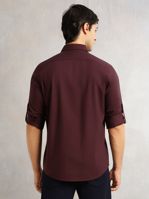 Thomas Scott Men Wine Slim Fit Long Sleeves Spread Collar Solid 100% Cotton Twill Casual Shirt